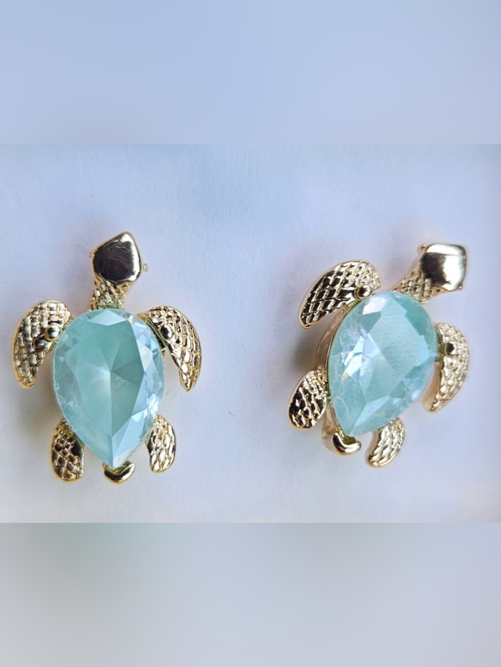Gold-tone & Aqua Blue Crystal Stone Sea Turtle Stud Statement Earrings